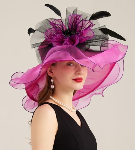 Women Derby Church Hat Organza Flower Wedding Tea Party Fascinator Wide Brim Sun Hat - color: 10-fuchsia