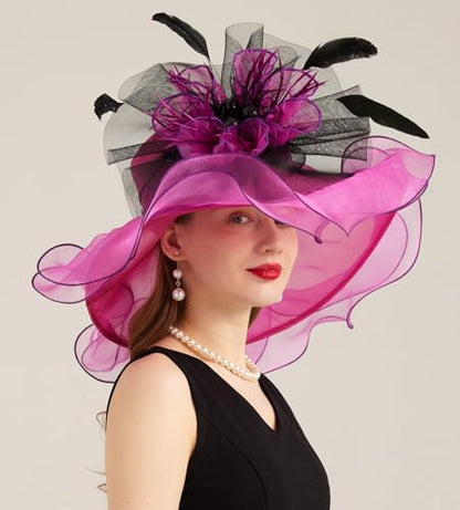 Women Derby Church Hat Organza Flower Wedding Tea Party Fascinator Wide Brim Sun Hat - color: 10-fuchsia