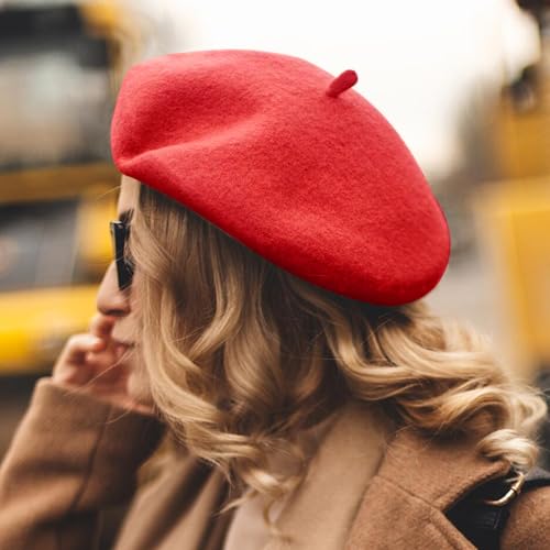 Lanzom Wool Blend Women Beret Hat French Beret Cap Winter Fashion Solid Color Hat for Women Girls Lady - color: Red