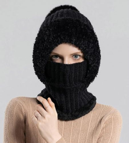 Womens Knit Beanie Hat Fleece Lined Winter Scarf Mask Set Snow Caps Plush Earmuff Skull Hats with Pompom - color: Grey