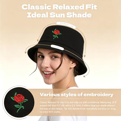 ZLYC Cotton Bucket Hat for Women Men Embroidered Packable Summer Sun Cap - color: Rose Black