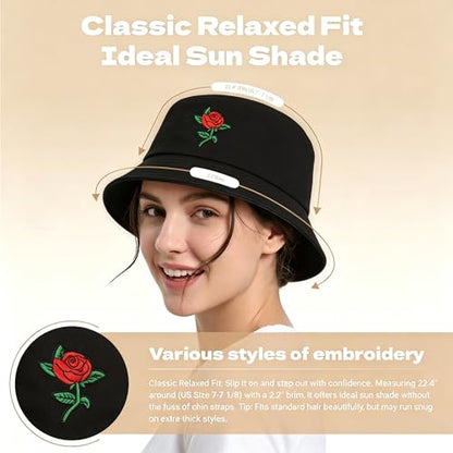 ZLYC Cotton Bucket Hat for Women Men Embroidered Packable Summer Sun Cap - color: Rose Black