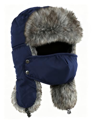 Buauty Fur Trapper Hat for Men Women Winter Windproof Soft Russian Ushanka Hats with Warm Ear Flaps & Removable Mask - color: Blue