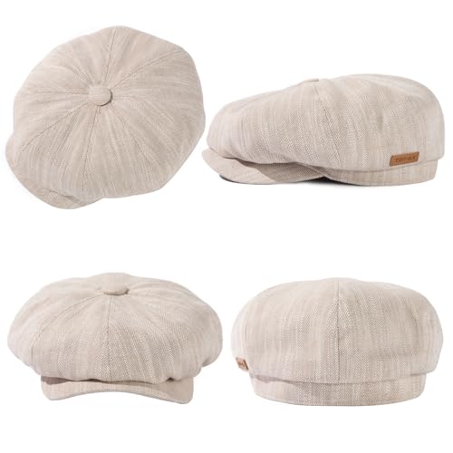 Oversized XL XXL Natural Linen Flat Cap Lightweight 8 Panel Summer Cooling Eco-Friendly Newsboy Hat Golf Outdoor - color: Beige Herringbone, size: Medium-Large