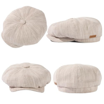 Oversized XL XXL Natural Linen Flat Cap Lightweight 8 Panel Summer Cooling Eco-Friendly Newsboy Hat Golf Outdoor - color: Beige Herringbone, size: X-Large-XX-Large