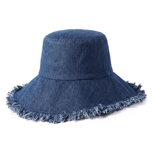CHOK.LIDS Frayed Bucket Hat Washed Cotton Floppy Wide Brim Boonie Cap - color: Blue Jean