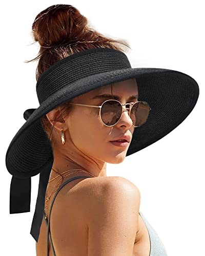 Camptrace Women's Straw Sun Visor Hat UPF Wide Shade Ponytail Summer Hat - color: Black