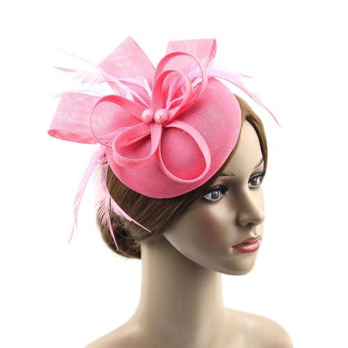 Specell Women's Handmade Tea Party Fascinator Hat, Pillbox Derby Hat with Feather Hair Clip, Elegant Formal Fashion Headwear. - color: A-a-pink