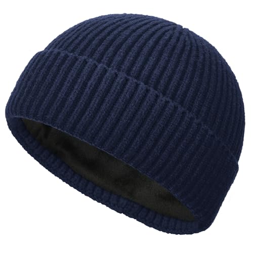 Short Wool Fisherman Beanie for Men Women Fleece Lined Winter Hat - color: 1pcs Navy Blue