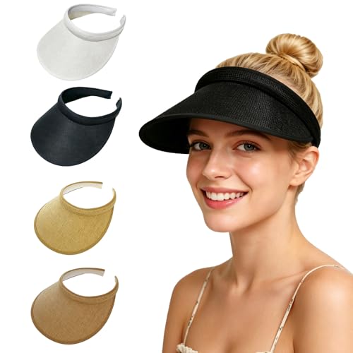 Women's Sun Visor Hats, 4 Pack Wide Brim UV Protection Empty Top Linen Visors Clip-on Headband Style Beach Hats for Women - color: Light Brown+white+black+light Yellow