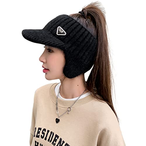 Open Beanie with Earflaps Visor Brim Bun Ponytail Winter Golf Tennis Hats Women - color: Black