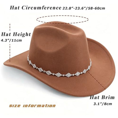 DRESHOW Women's Western Cowboy Hat Rhinestone Cowboy Cowgirl Hat Glitter Wide Brim Felt Fedora Hats Unisex Rolled up Caps - color: 1 Pack Style 11: Khaki