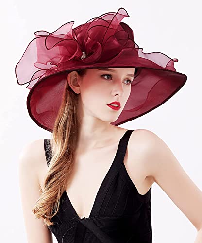 Women's Kentucky Derby Church Dress Hat Wide Brim Leaf Flower Bridal Shower Hat - color: J1-burgundy