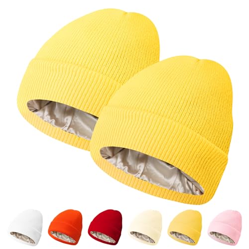 PFFY Womens Satin Lined Beanie Silk Lining Winter Hats Beanies for Women - color: Yellow+yellow
