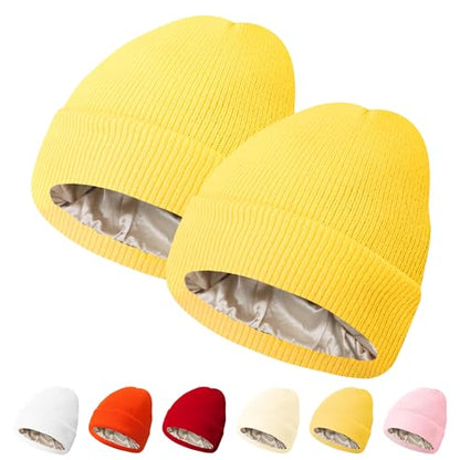 PFFY Womens Satin Lined Beanie Silk Lining Winter Hats Beanies for Women - color: Yellow+yellow