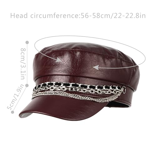 Women Metal Chain Flat Top PU Leather Newsboy Paperboy Hat Painter Cap - color: Chains Brown Red