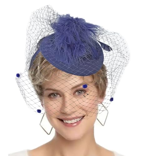HIWIND Fascinators Hat Women Tea Party Pillbox Veil Cocktail Mesh Hat - color: Navy
