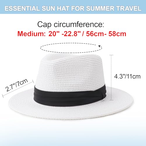 DRESHOW Women Straw Panama Hat Travel Fedora Beach Sun Hat Summer Wide Brim Straw Roll up Hat UPF 50+ - color: Z Panama Straw Hat: White With Black Band