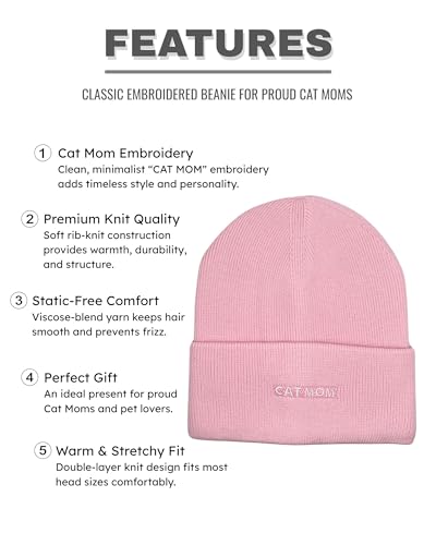 Cat Mom Cat Dad Beanie Collection – Jacquard Pom Pom Hats & Double-Layer Embroidered Beanies for Pet Lovers - color: Cat Mom Embroidery Pink Hat