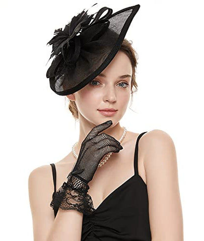 GurZinn Fascinator Hat Veil Feather Fascinator Tea Party Bridal Wedding Veil Pillbox Hat - color: Black Hat&glove