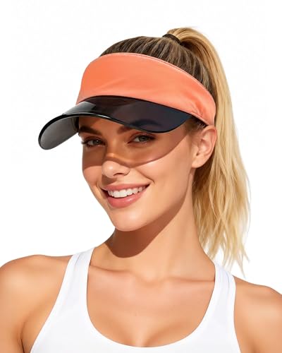 Transparent Sun Visor Hat for Women Men - UPF 50+ Clear Brim Adjustable Drawstring for Golf Tennis Pickleball - color: Coral