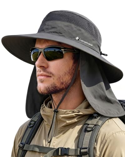 Camptrace Wide Brim Men Sun Hat with Neck Flap UPF Fishing Hiking Gardening - color: Dark Grey