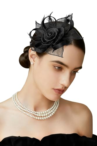 BABEYOND Fascinator Hats for Women Linen Flower Feather Tea Party Derby Hat - color: Black