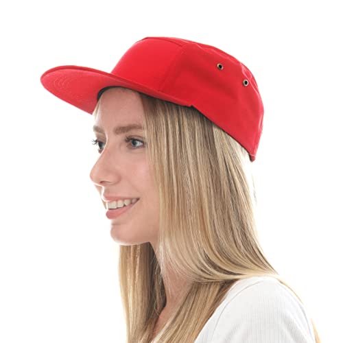 The Hat Depot Made in USA Cotton Twill 5 Panel Flat Brim Genuine Leather Brass Biker Board Cap - color: Red