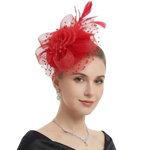DRESHOW Fascinators Hats for Women Tea Party Hat Vintage Derby Pillbox Kentucky Hat Church Cocktail Headwear - color: 1 Pack Flower Feathers: Red
