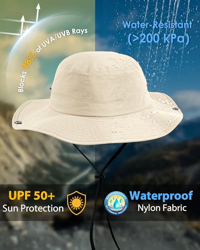 Wide Brim Waterproof Bucket Rain Hat for Women Men UPF50+ Cowboy Sun Hat - color: Ponytail Beige
