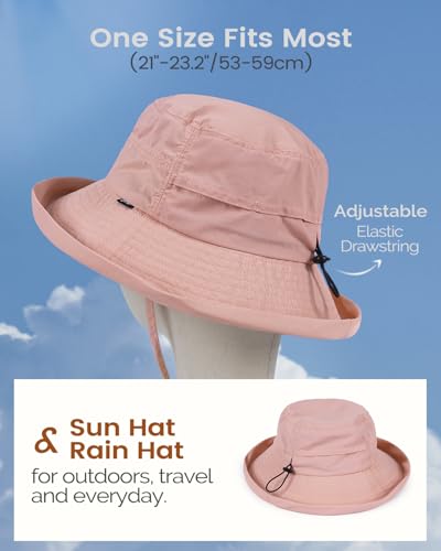Bucket Sun Hat for Women, UPF 50+ Wide Brim, Packable, Waterproof Rain Hat for Hiking Outdoor Travel - color: Pink
