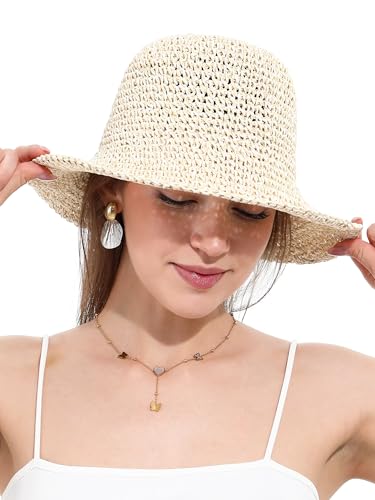 Womens Sun Hat Handmade Crochet Straw Bucket for Summer Foldable Travel Cap - color: Beige & Khaki