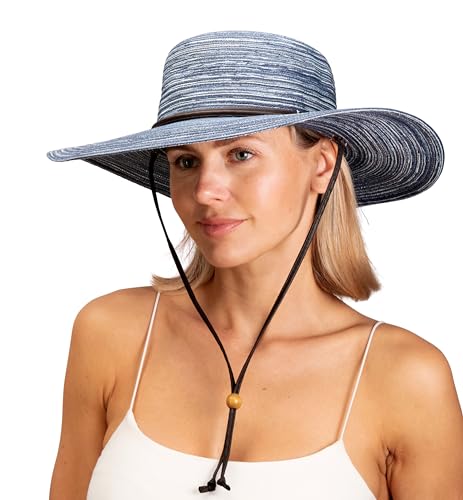 Sloggers Women's Wide Brim Braided Sun Hat with Wind Lanyard - UPF 50+ Maximum Sun Protection - color: Blue