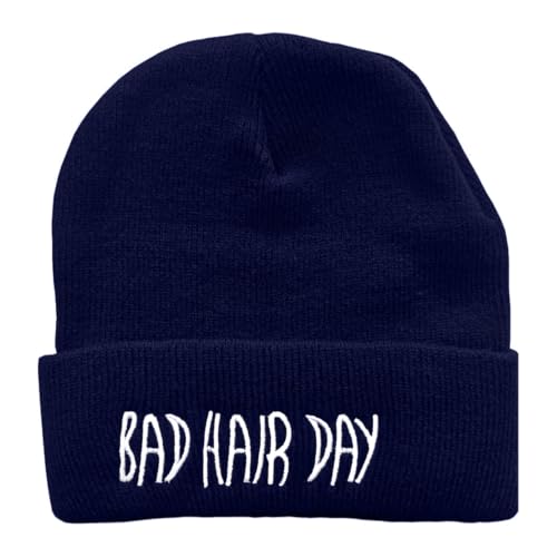Knit Beanie Hat for Women Men Bad Hair Day Embroidered Winter Skull Cap - color: Navy Blue