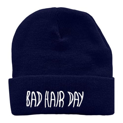 Knit Beanie Hat for Women Men Bad Hair Day Embroidered Winter Skull Cap - color: Navy Blue