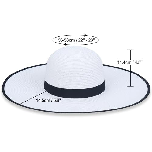 Women Wide Brim Sun Hat UPF50 Straw Summer Hat Floppy Beach Hat Roll-Up - color: White