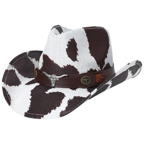 WQWOVRVO Cowboy Hat,Cowgirl Hat,Western Cowboy Hats for Women/Mens/Straw Wide with Shapeable Brim Cowboy Hat for Womens - color: Brown Cow Pattern