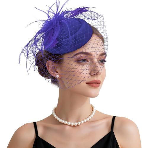 Fascinator Hat Veil Feather Fascinator Tea Party Bridal Wedding Veil Retro Hat Pillbox Hat - color: Purple