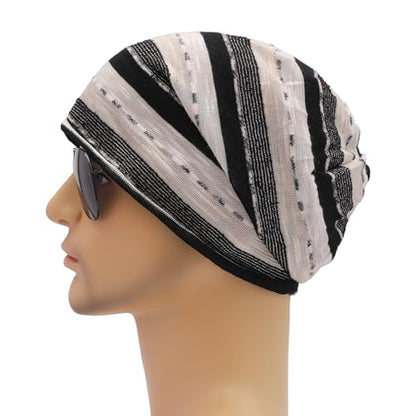 ZLYC Cotton Thin Slouchy Beanie Hat for Men Women Stretch Skull Cap - color: Stripes Black, size: One Size