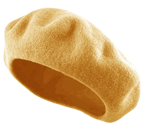Women's French Beret Hat Solid Color Plain Wool Classic Traditional Artist Cap - color: Mustard