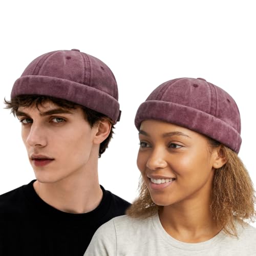 Sailor Brimless Skull Hat, Washed Cotton Docker Hat for Men Vintage - color: Burgundy