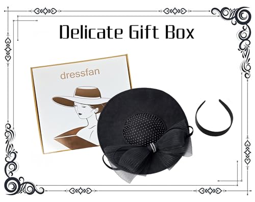 dressfan Wide Brim Fascinator Hats for Women,20s Linen Rhinestones Bow Big Hat for Derby Church Wedding Tea Party - color: Black