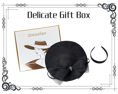 dressfan Wide Brim Fascinator Hats for Women,20s Linen Rhinestones Bow Big Hat for Derby Church Wedding Tea Party - color: Black