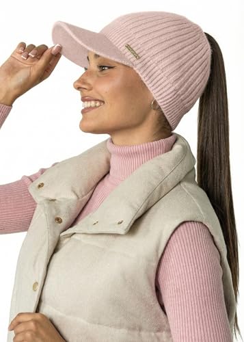 Beanie Visor - Womens Winter Wool Knit Hat with Brim - Billed Knit Cap Newsboy Hats - color: Ponytail Pink