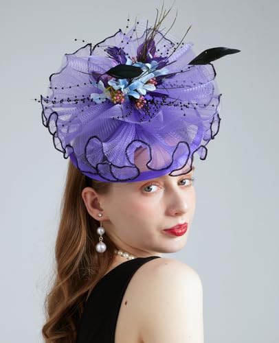 Women Organza Derby Hat Fascinator Tea Party Wedding Church Derby Hat Fascinator Hats Dual-use - color: 02d Light Purple
