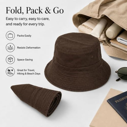 Cotton Bucket Hat Packable Beach Sun Hat for Women Men - color: Coffee