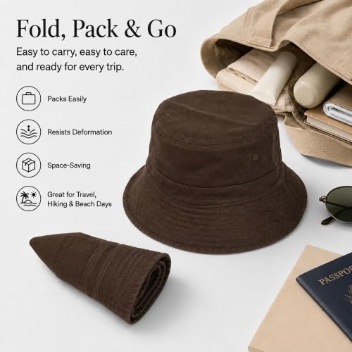 Cotton Bucket Hat Packable Beach Sun Hat for Women Men - color: Coffee