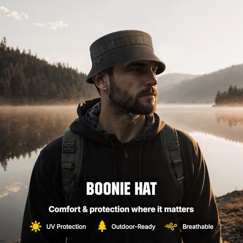 M-Tac Tactical Sun Hat for Men Military Bucket Hat with MOLLE, Short Brim, UV Protection, Adjustable Cord Ripstop Summer Hat - color: Black