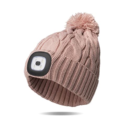 Classic Rechargeable LED Warm Knit Beanie Head Light Hat Headlamp for Outdoor Activities - color: Pink Pom