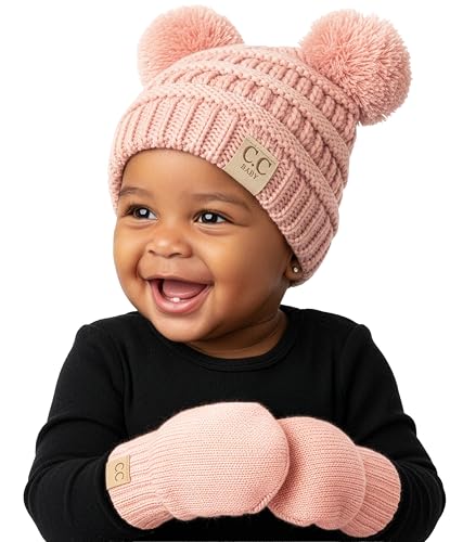 Funky Junque Baby Double Faux Fur Pom Pom Beanie & Mittens Set – Newborn Infant 0–9 Months Winter Hat with Soft Lined Mittens - color: Indi Pink (0-9 Months)